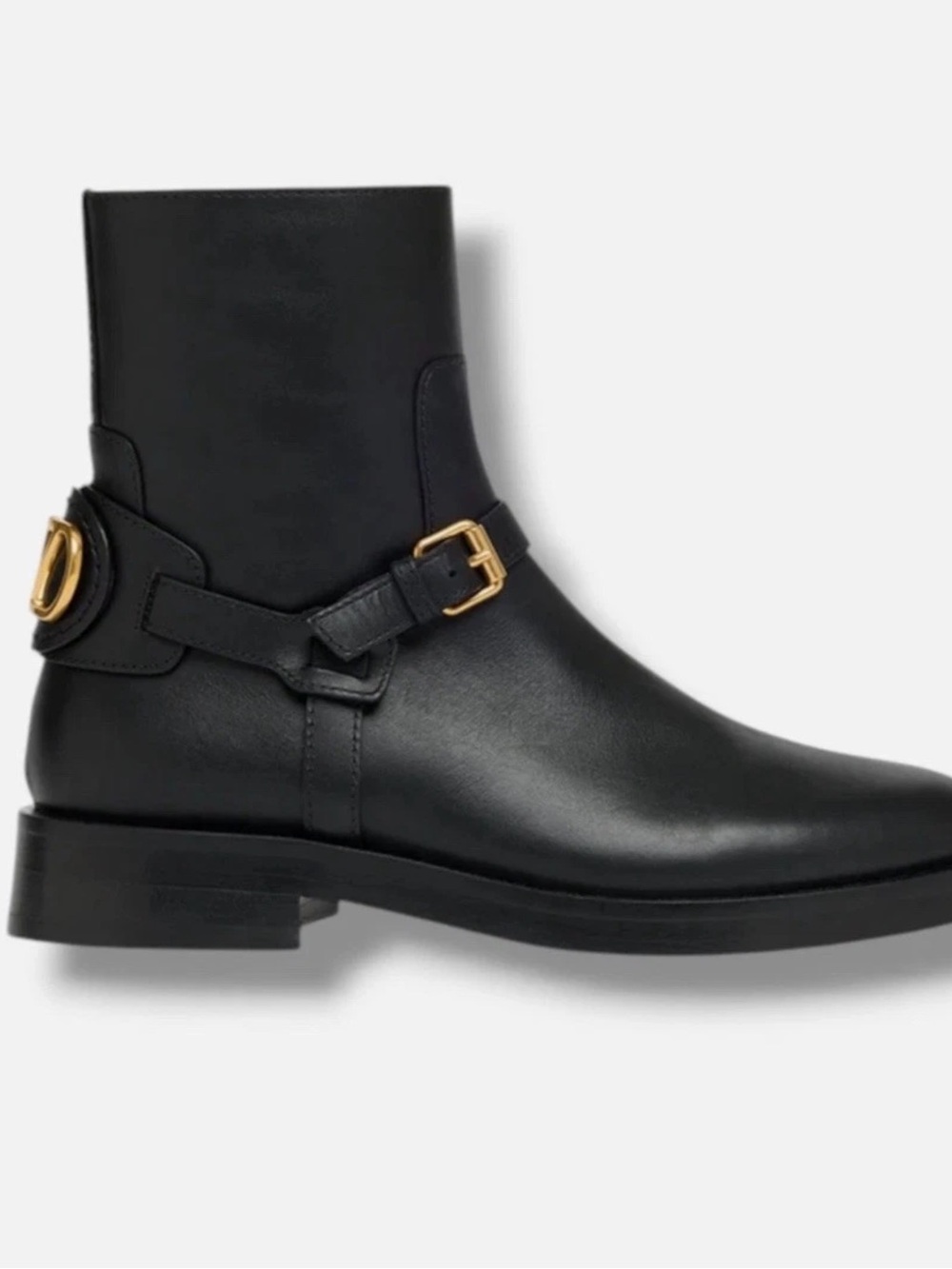 Valentino Garavani Black Leather Ankle Boots with Gold Buckle
